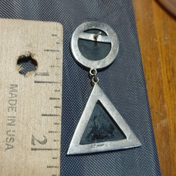 Vintage Sterling Silver Black Onyx Triangle Drop Earrings Round Studs Marcasite - Picture 6 of 12